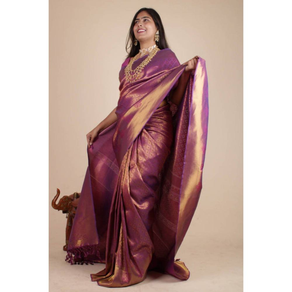 Isadora Life Womens Woven Tassels Wine Pre-Draped Saree with Unstitched Blouse