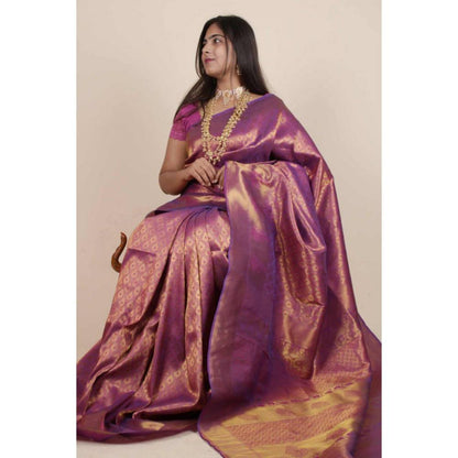 Isadora Life Womens Woven Tassels Wine Pre-Draped Saree with Unstitched Blouse