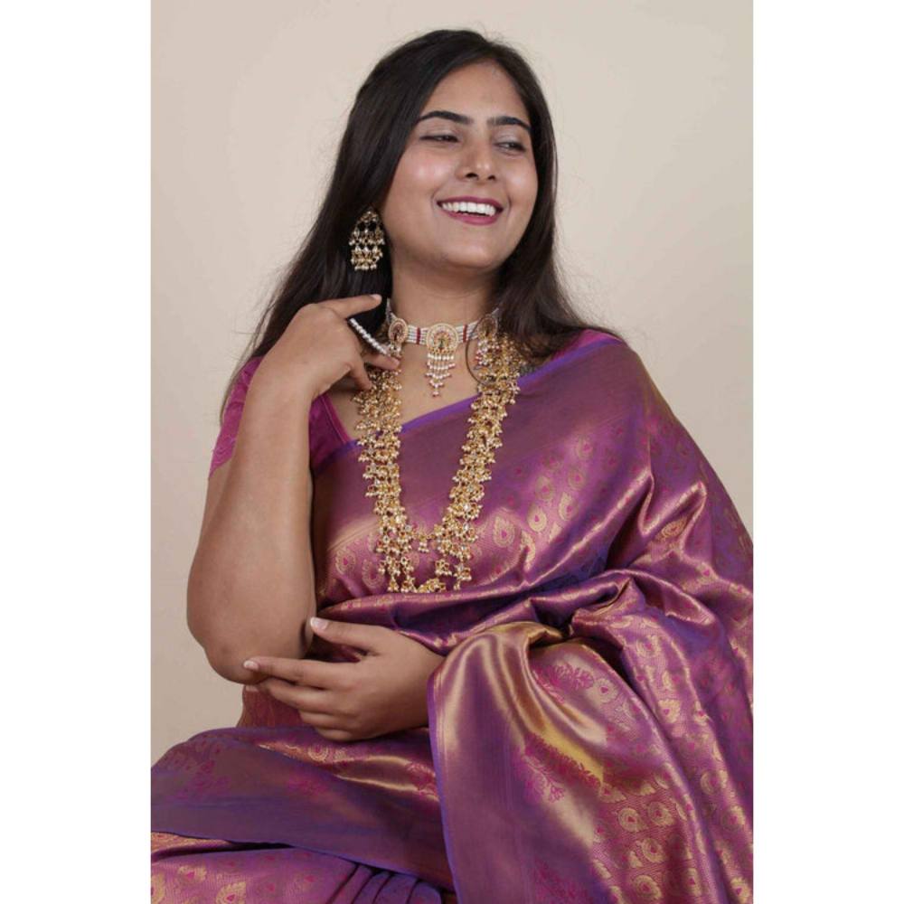 Isadora Life Womens Woven Tassels Wine Pre-Draped Saree with Unstitched Blouse