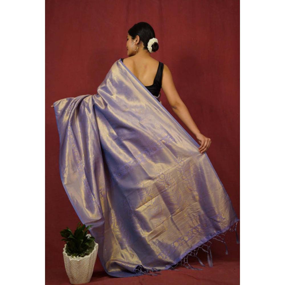 Isadora Life Womens Woven Zari Blue Pre-Draped Saree with Unstitched Blouse