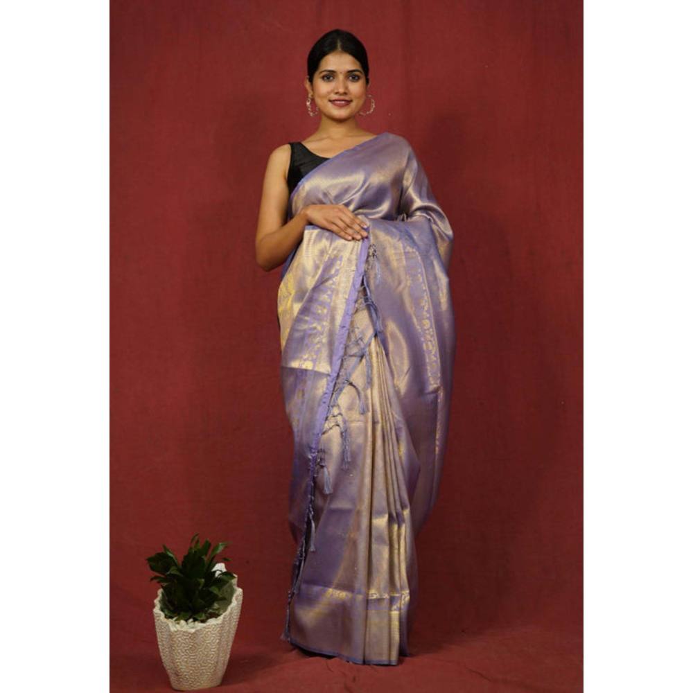 Isadora Life Womens Woven Zari Blue Pre-Draped Saree with Unstitched Blouse