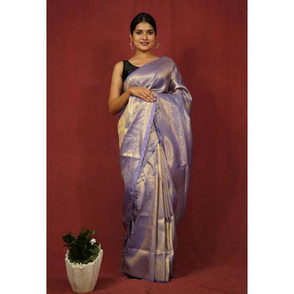 Isadora Life Womens Woven Zari Blue Pre-Draped Saree with Unstitched Blouse