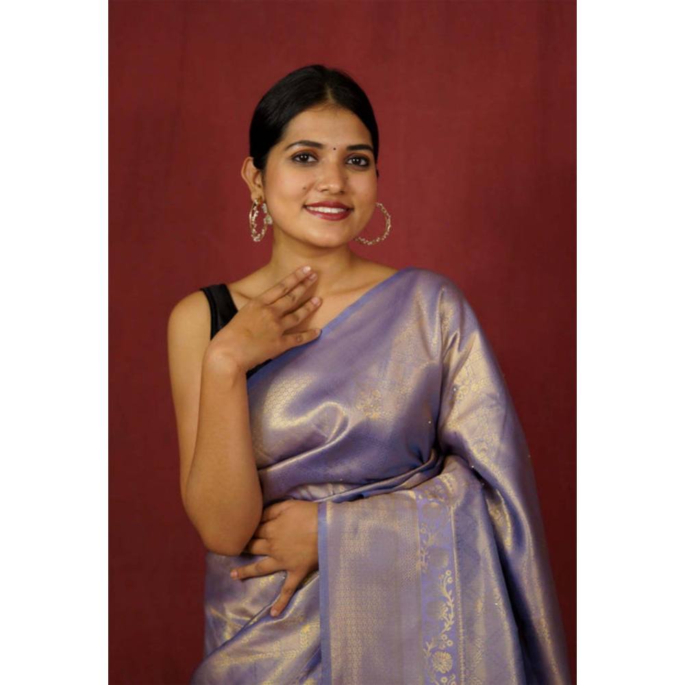 Isadora Life Womens Woven Zari Blue Pre-Draped Saree with Unstitched Blouse