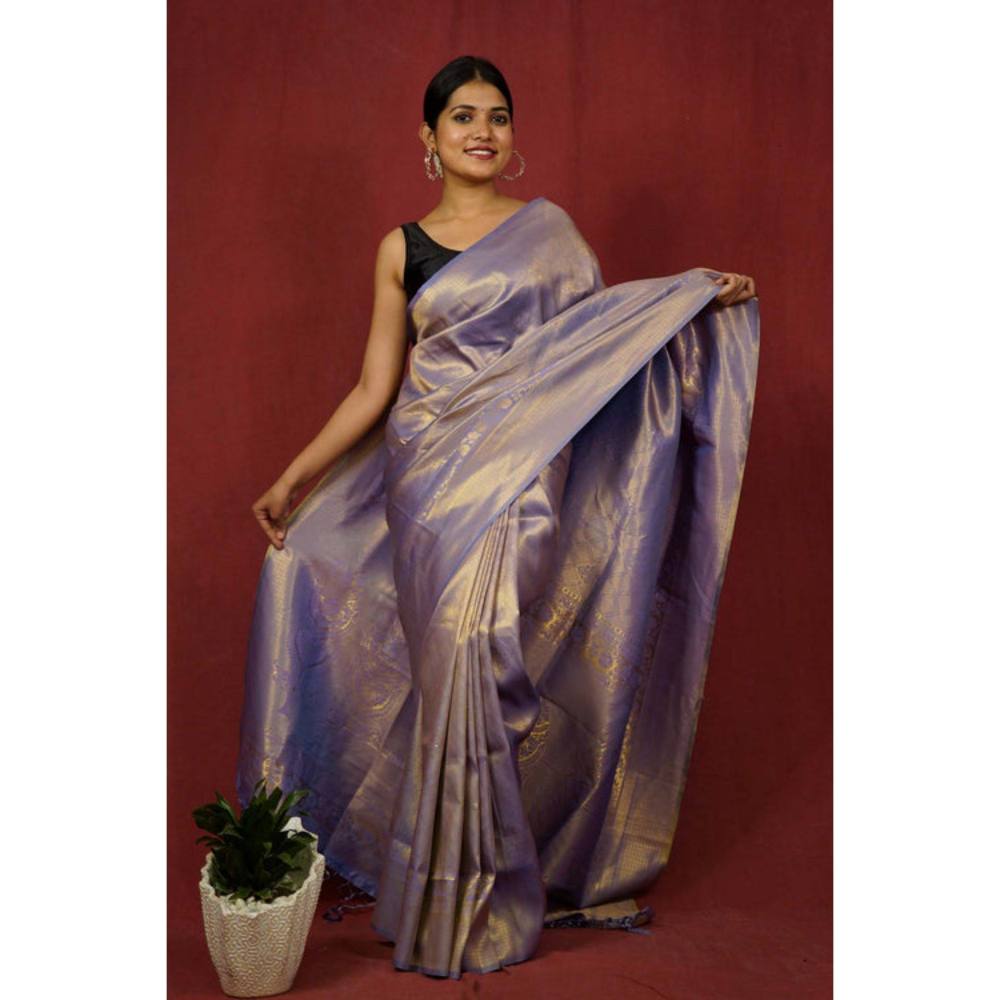 Isadora Life Womens Woven Zari Blue Pre-Draped Saree with Unstitched Blouse
