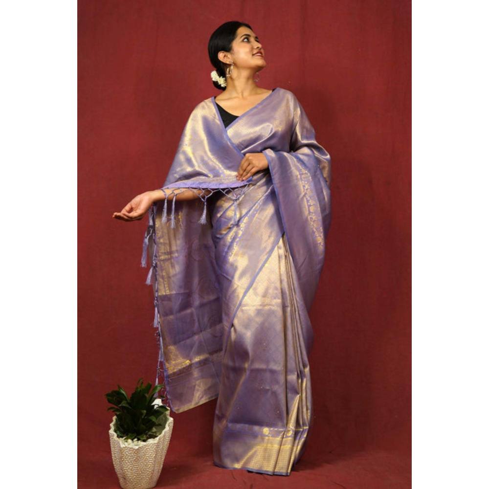 Isadora Life Womens Woven Zari Blue Pre-Draped Saree with Unstitched Blouse