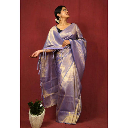 Isadora Life Womens Woven Zari Blue Pre-Draped Saree with Unstitched Blouse