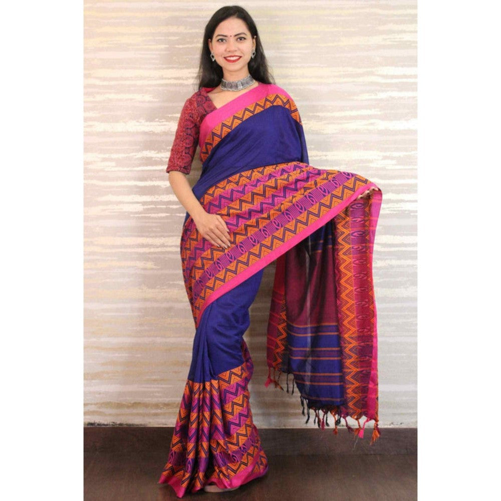 Isadora Life Womens Woven Tassels Blue Pre-Draped Saree with Unstitched Blouse