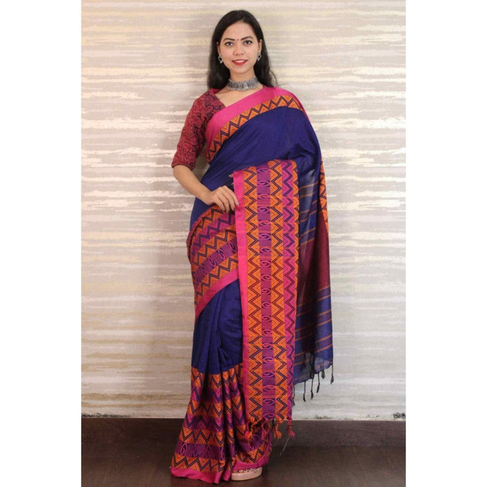 Isadora Life Womens Woven Tassels Blue Pre-Draped Saree with Unstitched Blouse