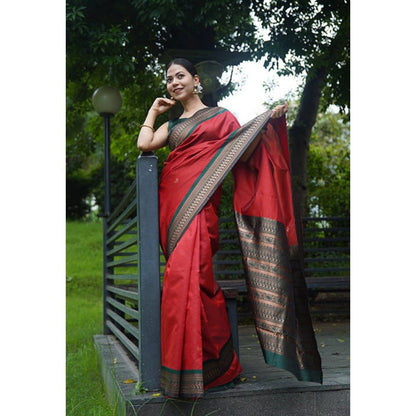 Isadora Life Womens Solid Zari Red Pre-Draped Saree with Unstitched Blouse