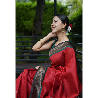 Isadora Life Womens Solid Zari Red Pre-Draped Saree with Unstitched Blouse