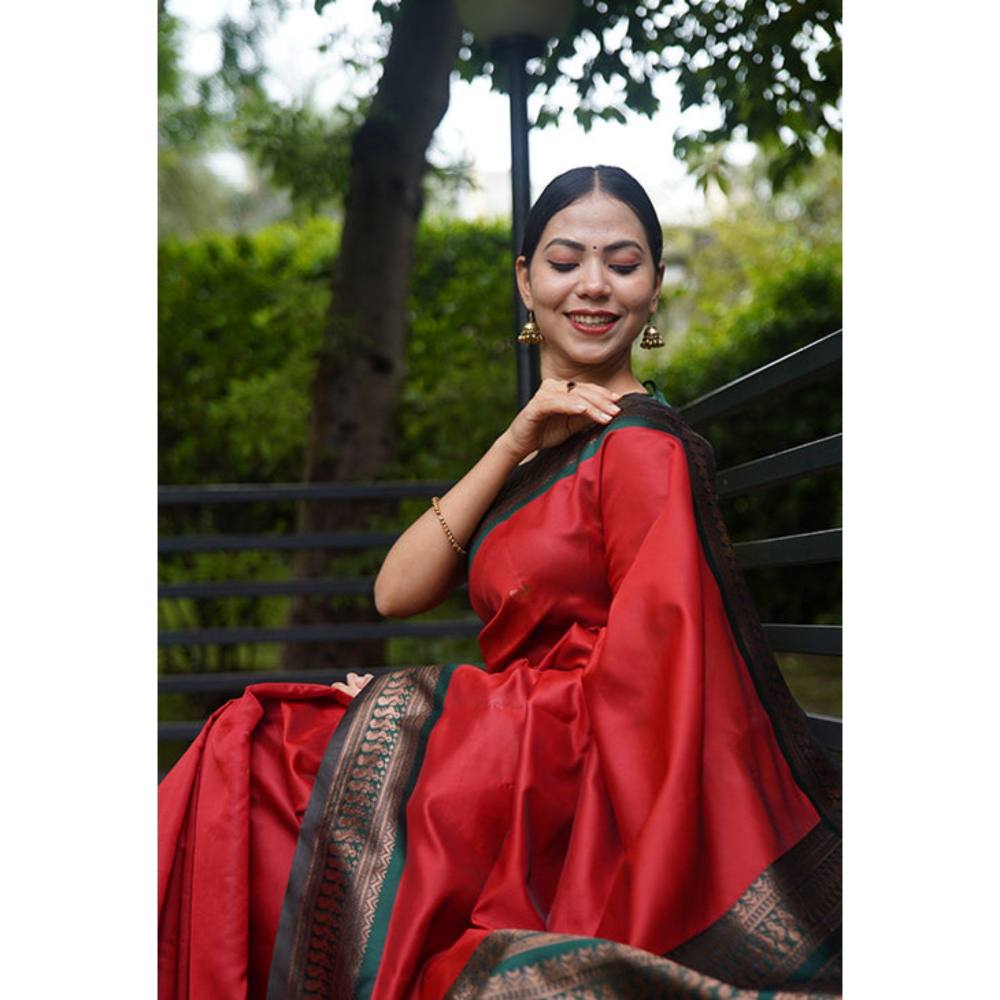 Isadora Life Womens Solid Zari Red Pre-Draped Saree with Unstitched Blouse