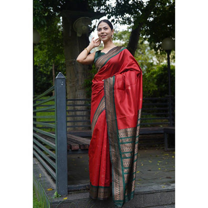 Isadora Life Womens Solid Zari Red Pre-Draped Saree with Unstitched Blouse
