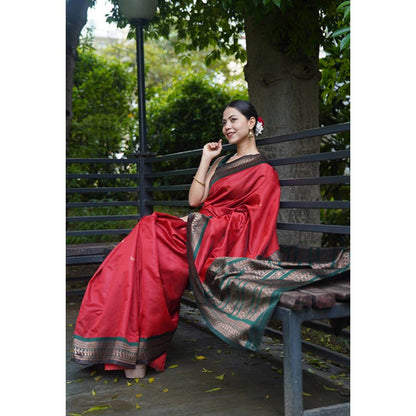 Isadora Life Womens Solid Zari Red Pre-Draped Saree with Unstitched Blouse