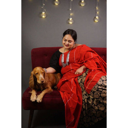 Isadora Life Womens Printed Red Pre-Draped Saree with Unstitched Blouse