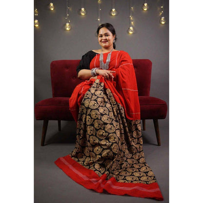 Isadora Life Womens Printed Red Pre-Draped Saree with Unstitched Blouse