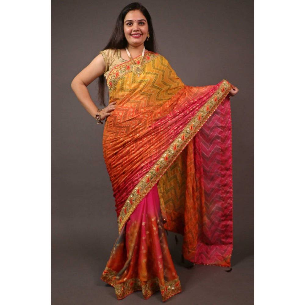 Isadora Life Womens Ombre Embroidered Multi-Color Pre-Draped Saree with Unstitched Blouse