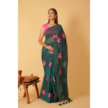 Isadora Life Womens Embroidered Tassels Green Pre-Draped Saree with Unstitched Blouse
