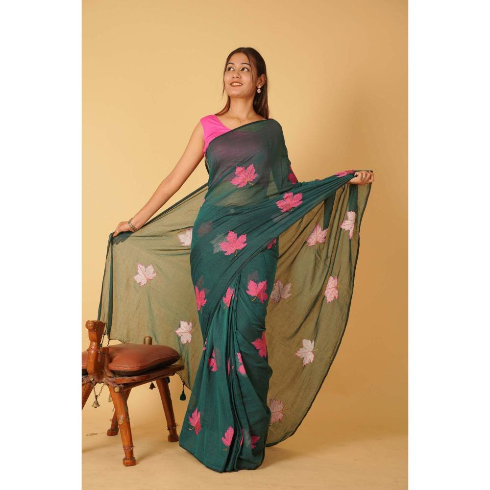 Isadora Life Womens Embroidered Tassels Green Pre-Draped Saree with Unstitched Blouse
