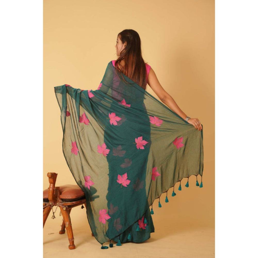Isadora Life Womens Embroidered Tassels Green Pre-Draped Saree with Unstitched Blouse