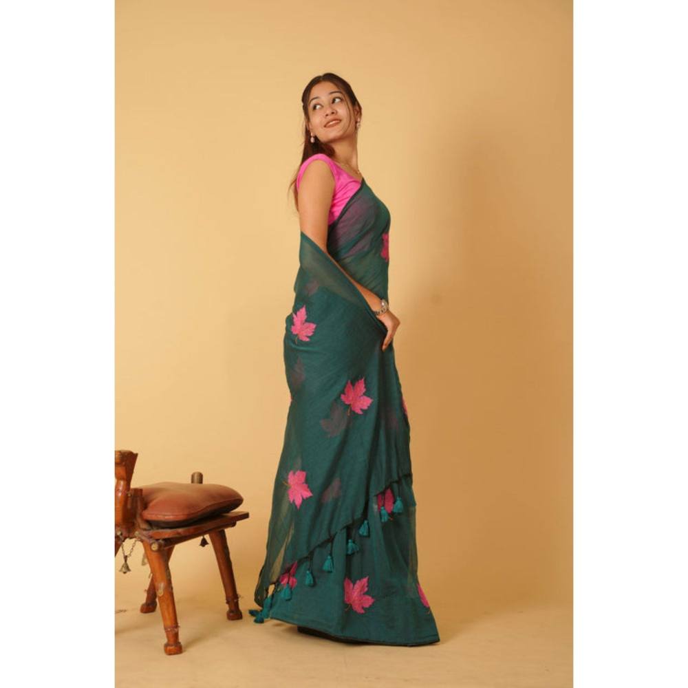 Isadora Life Womens Embroidered Tassels Green Pre-Draped Saree with Unstitched Blouse