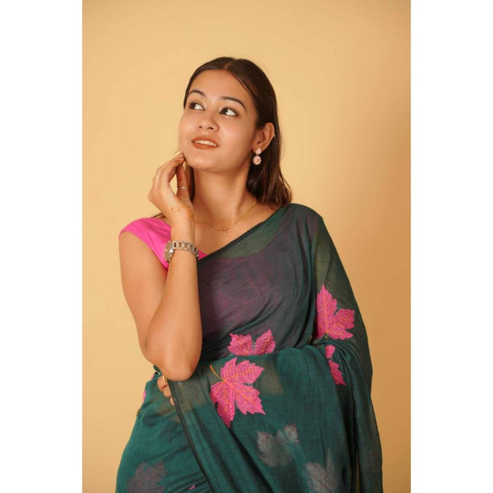 Isadora Life Womens Embroidered Tassels Green Pre-Draped Saree with Unstitched Blouse