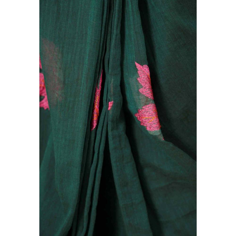 Isadora Life Womens Embroidered Tassels Green Pre-Draped Saree with Unstitched Blouse