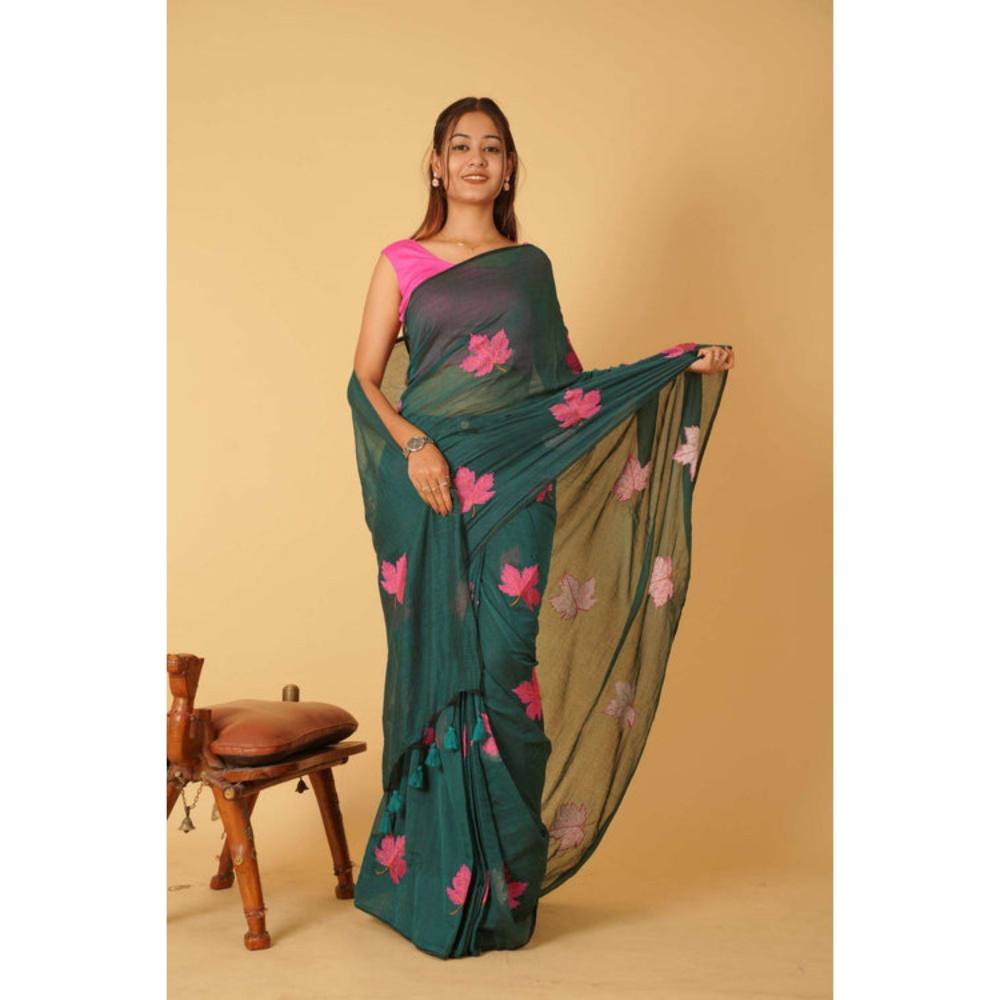 Isadora Life Womens Embroidered Tassels Green Pre-Draped Saree with Unstitched Blouse