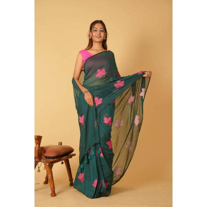 Isadora Life Womens Embroidered Tassels Green Pre-Draped Saree with Unstitched Blouse
