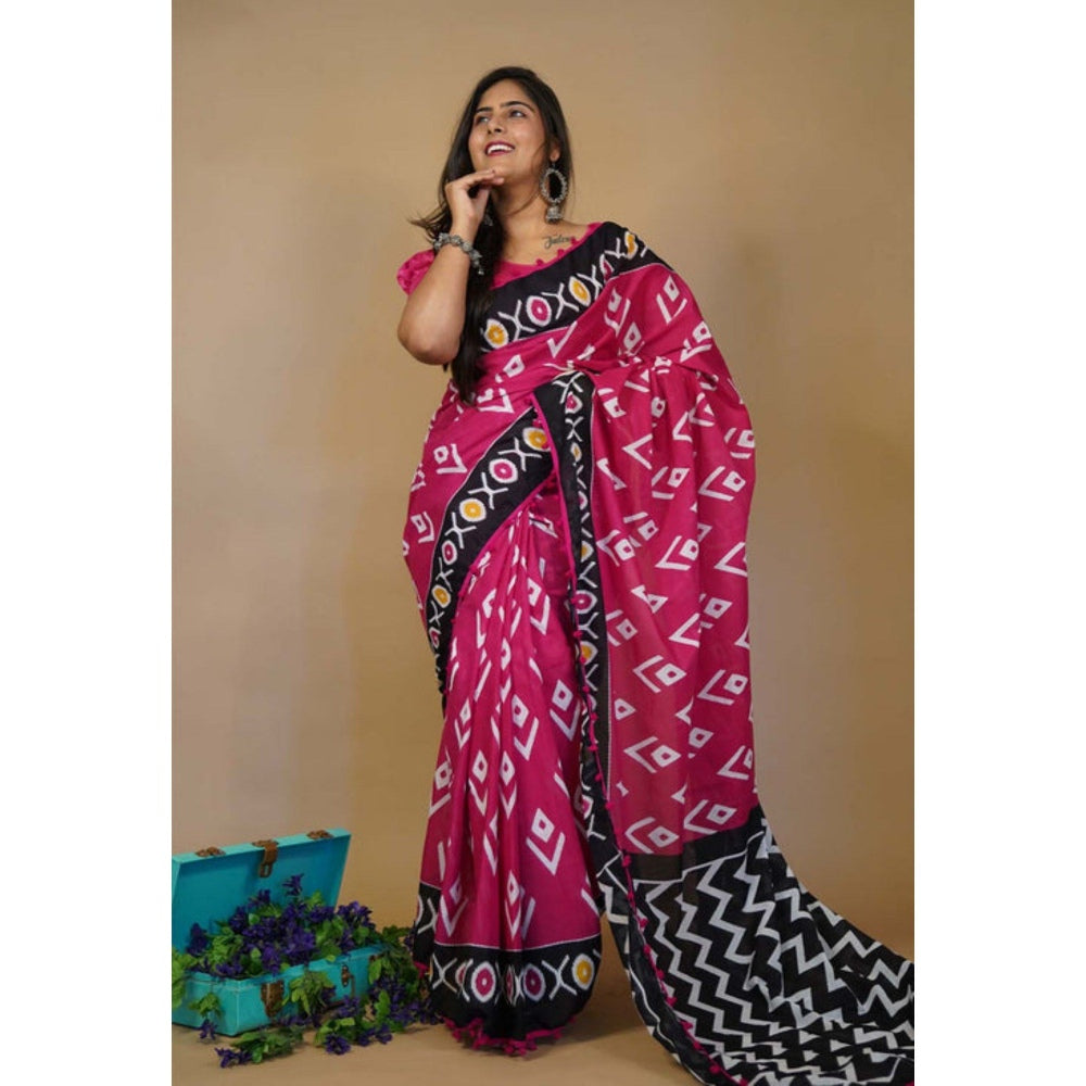 Isadora Life Womens Printed Pink Pre-Draped Saree with Unstitched Blouse