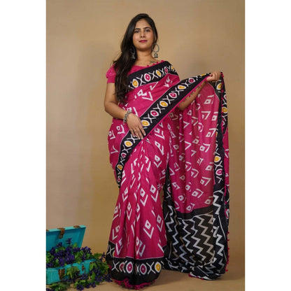 Isadora Life Womens Printed Pink Pre-Draped Saree with Unstitched Blouse
