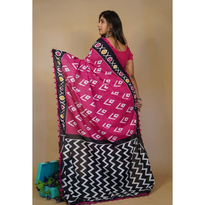 Isadora Life Womens Printed Pink Pre-Draped Saree with Unstitched Blouse