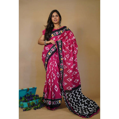 Isadora Life Womens Printed Pink Pre-Draped Saree with Unstitched Blouse