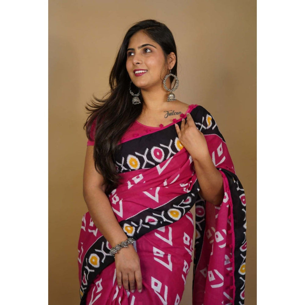 Isadora Life Womens Printed Pink Pre-Draped Saree with Unstitched Blouse