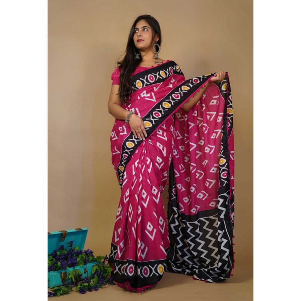 Isadora Life Womens Printed Pink Pre-Draped Saree with Unstitched Blouse