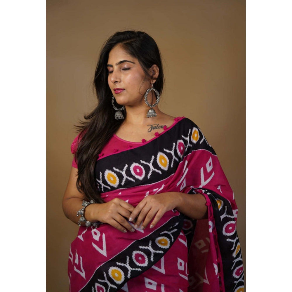 Isadora Life Womens Printed Pink Pre-Draped Saree with Unstitched Blouse