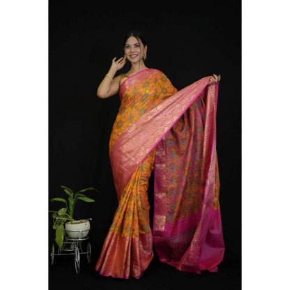 Isadora Life Womens Floral Zari Yellow Pre-Draped Saree with Unstitched Blouse