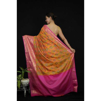 Isadora Life Womens Floral Zari Yellow Pre-Draped Saree with Unstitched Blouse