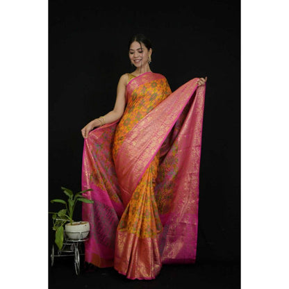 Isadora Life Womens Floral Zari Yellow Pre-Draped Saree with Unstitched Blouse