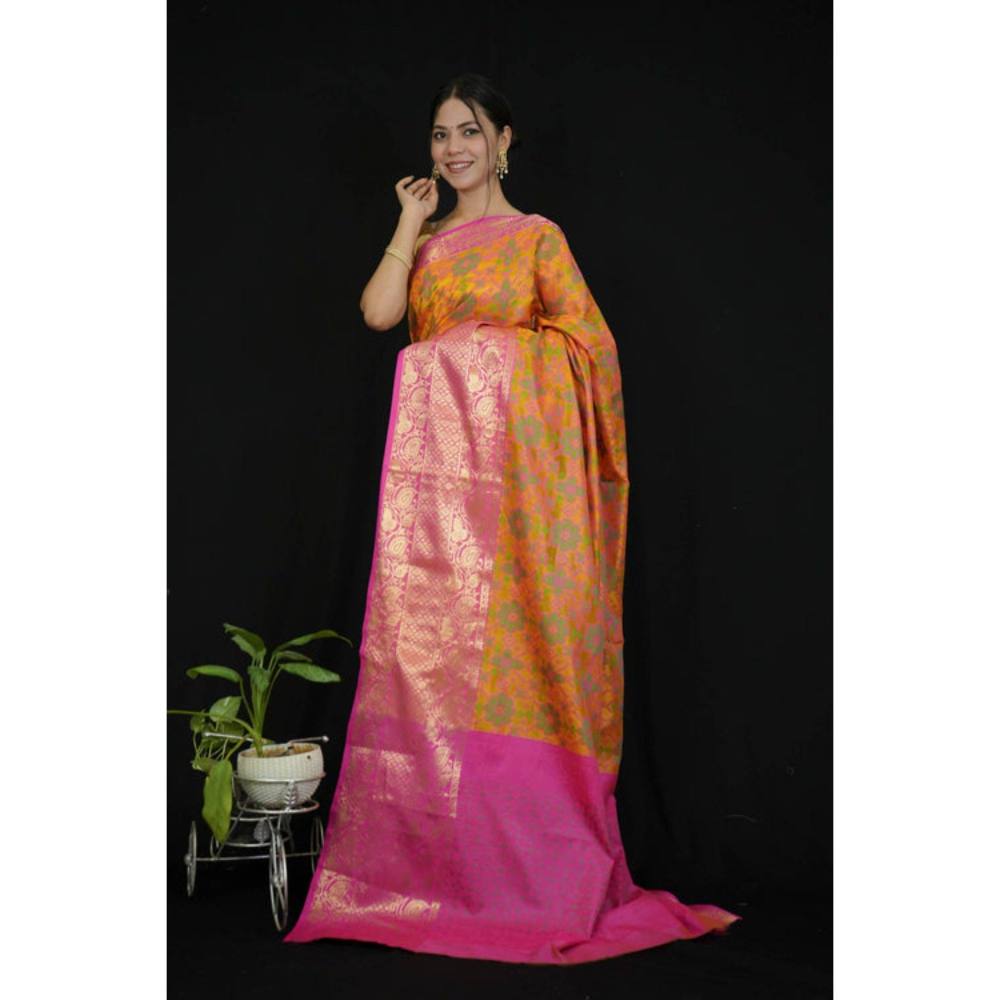 Isadora Life Womens Floral Zari Yellow Pre-Draped Saree with Unstitched Blouse