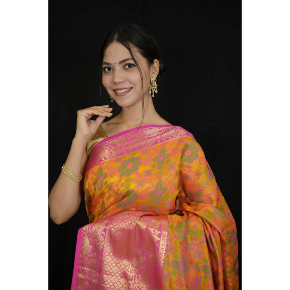 Isadora Life Womens Floral Zari Yellow Pre-Draped Saree with Unstitched Blouse