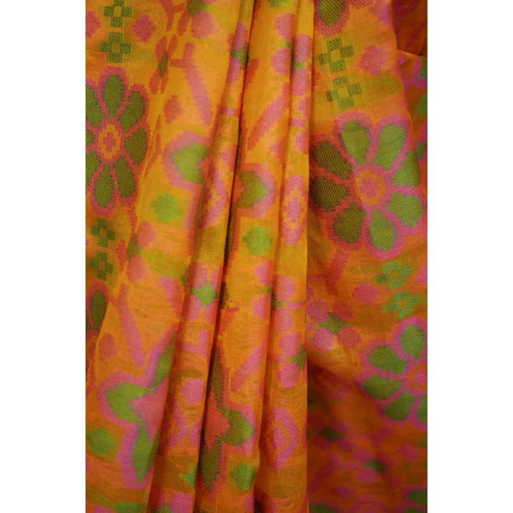 Isadora Life Womens Floral Zari Yellow Pre-Draped Saree with Unstitched Blouse