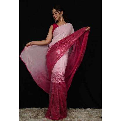 Isadora Life Womens Sequined Pink Pre-Draped Saree with Unstitched Blouse