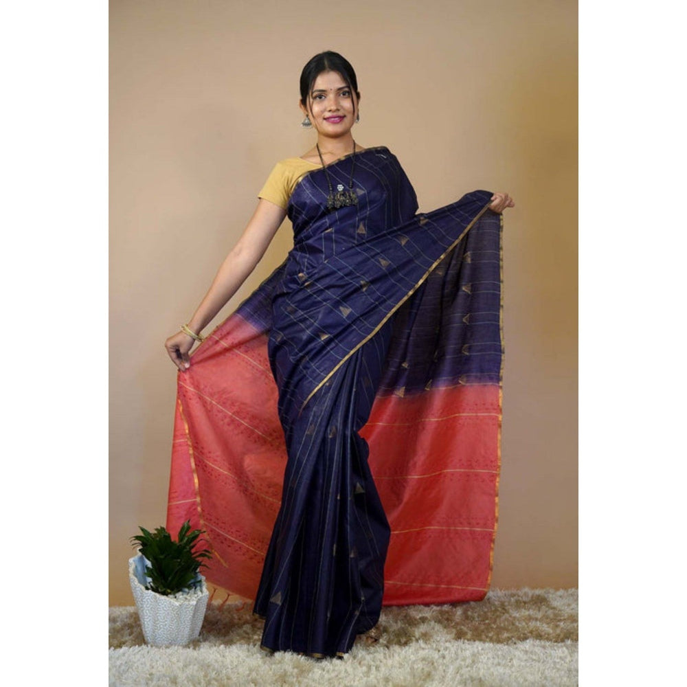 Isadora Life Womens Stripes Tassels Navy Blue Pre-Draped Saree with Unstitched Blouse