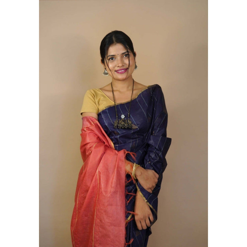 Isadora Life Womens Stripes Tassels Navy Blue Pre-Draped Saree with Unstitched Blouse