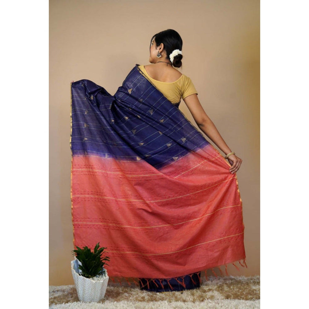 Isadora Life Womens Stripes Tassels Navy Blue Pre-Draped Saree with Unstitched Blouse