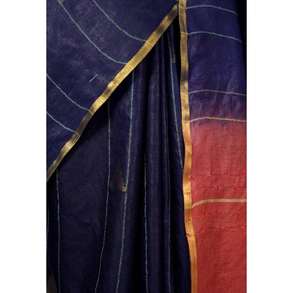 Isadora Life Womens Stripes Tassels Navy Blue Pre-Draped Saree with Unstitched Blouse