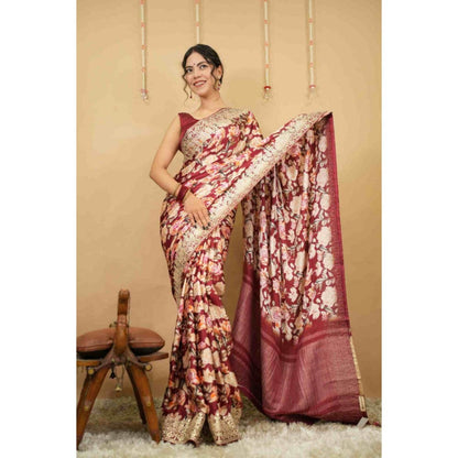 Isadora Life Womens Floral Embroidered Maroon Pre-Draped Saree with Unstitched Blouse