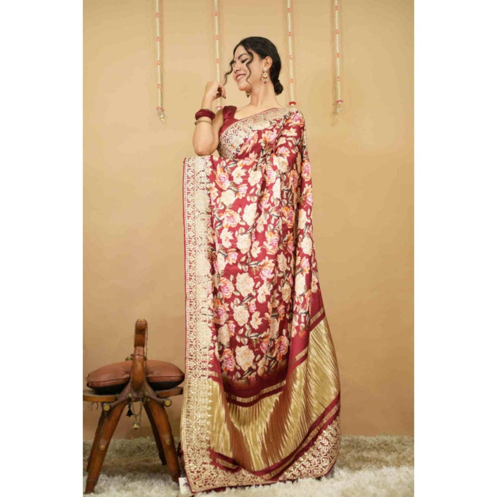 Isadora Life Womens Floral Embroidered Maroon Pre-Draped Saree with Unstitched Blouse