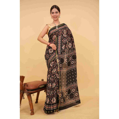 Isadora Life Womens Block Print Black Pre-Draped Saree with Unstitched Blouse