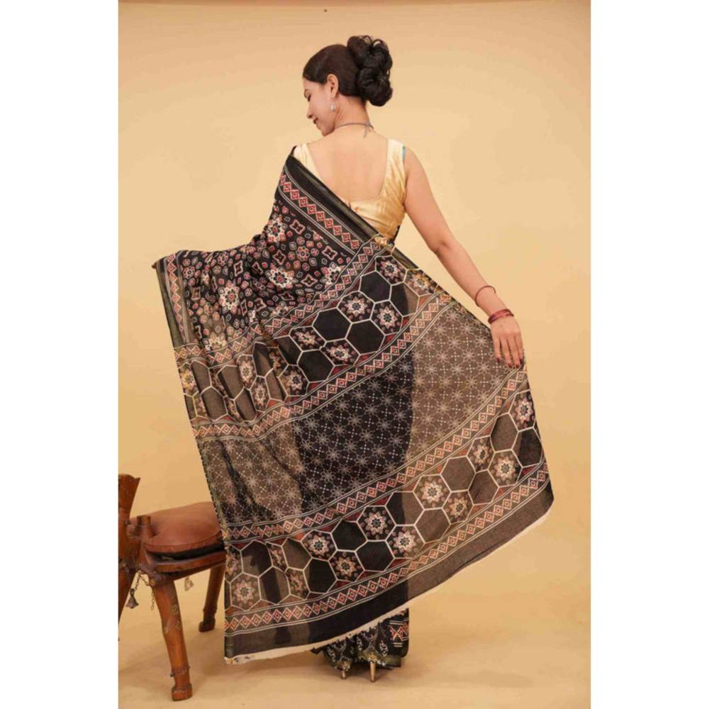 Isadora Life Womens Block Print Black Pre-Draped Saree with Unstitched Blouse